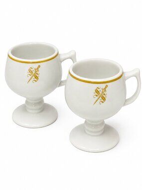 Sterling China, White Ceramic Pedestal Mugs with Gold Trim & Emblem - Set of 2